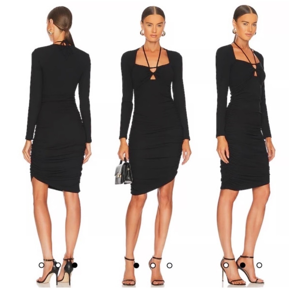 JONATHAN SIMKHAI Tanya Mini Dress Long Sleeve Ribbed Black Ruched Halter Neck M
